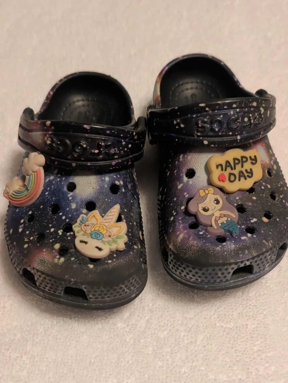 Crocs Galaxy Print Clogs with Cute Charms - Purple/Black